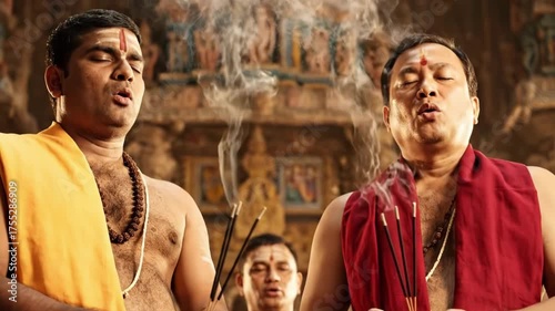 Hindu priests perform traditional puja ceremony with incense and offerings.