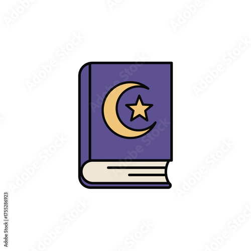 Detailed Color Outline Icon of a Book with Crescent Moon and Star Symbol: Vector Graphic for Religion, Islam, Quran, Magic, Spells, and Mysticism Concepts.