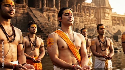 Hindu Priests Performing Sacred Rituals in Holy River.