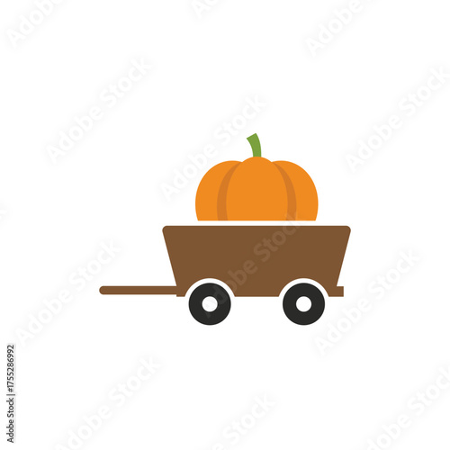 Simple Flat Design Icon of a Wooden Wagon Carrying a Large Orange Pumpkin: Vector Graphic for Autumn Harvest, Farm Market, Seasonal Decor, and Fall Concepts