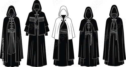 Hooded cloak vector illustration, black and white costume design, fantasy robe silhouettes, medieval garment icons, character outfit template, concept art
