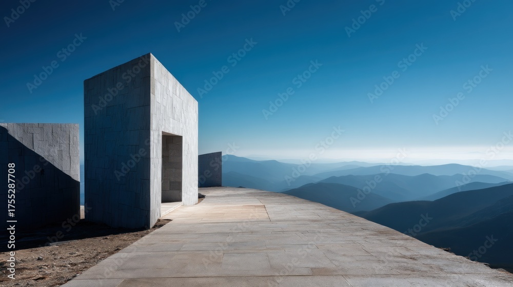 Fototapeta premium A minimalist concrete structure with a door, situated on a flat, expansive concrete platform with a view of distant mountains and a clear blue sky.