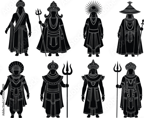 Traditional Hindu silhouette illustration, spiritual warrior icons, black vector deities, cultural trident figures, Indian mythology art, ceremonial costume design