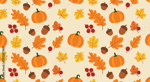 Flat Design Autumn Thanksgiving Seamless Pattern with Pumpkins, Leaves, and Acorns Background