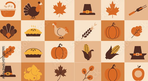 Thanksgiving Icon Set — Flat Autumn Vector Pattern with Turkey, Pumpkin, Corn, Pie, and Fall Leaves
