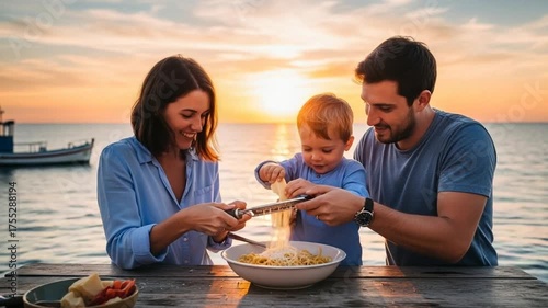 Family Grating Cheese onto Pasta by the Sea at Sunset Lifestyle Video