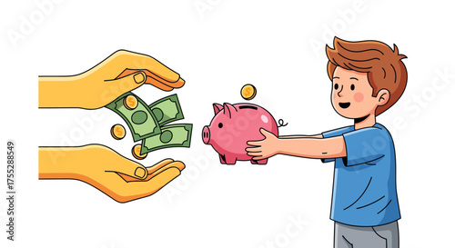 Child Saving Money in Piggy Bank with Parental Guidance.
