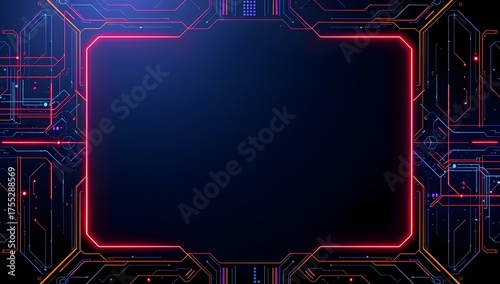 Futuristic digital interface with a glowing red neon frame on a dark background of a high-tech motherboard and computer circuitry design