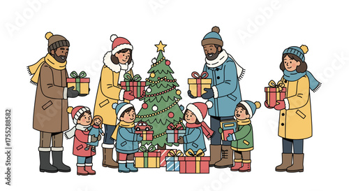 Diverse family exchanging Christmas gifts around a decorated tree.