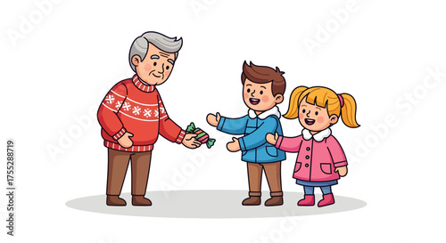 Grandfather Giving Gift to Grandchildren.