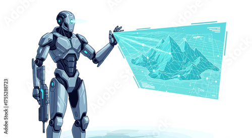 Futuristic robot displaying holographic projection of a spaceship.