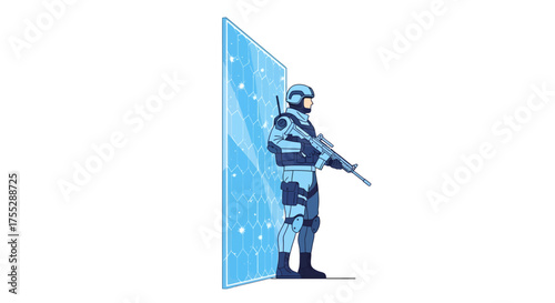 Futuristic Soldier Standing Guard Behind Energy Shield.