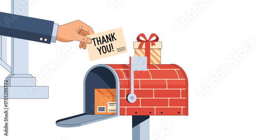 Hand placing thank you card in mailbox with gift.