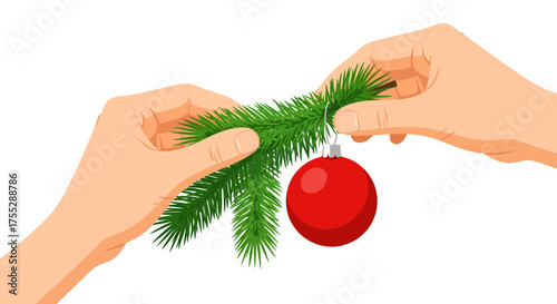 Hands decorating a Christmas tree with a red ornament.