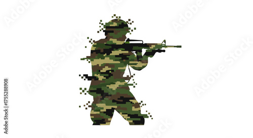 Soldier in camouflage uniform aiming a rifle in a pixelated effect.