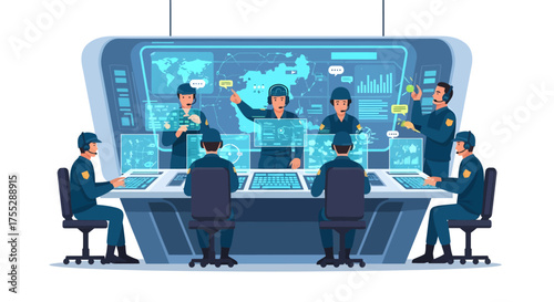 Team of professionals working in a futuristic command center with holographic displays.