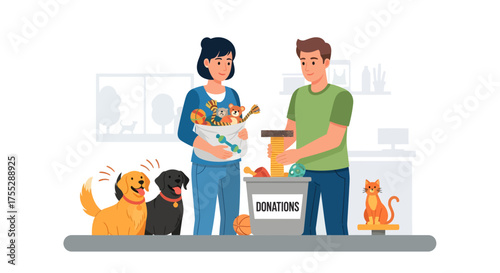 Volunteers donating pet food and supplies to animal shelter.