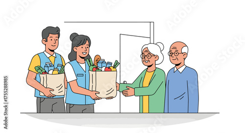 Volunteers deliver groceries to elderly couple at their home.