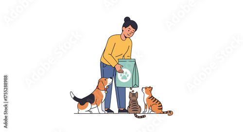 Woman feeding dog and cats healthy pet food from a large bag.
