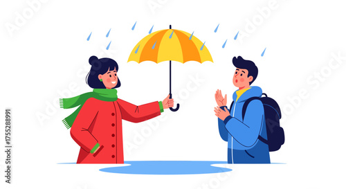 Woman shares umbrella with man in the rain.