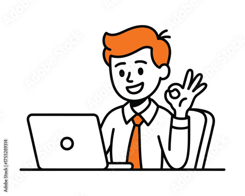 Cartoon businessman with laptop makes ok gesture symbolizing success approval