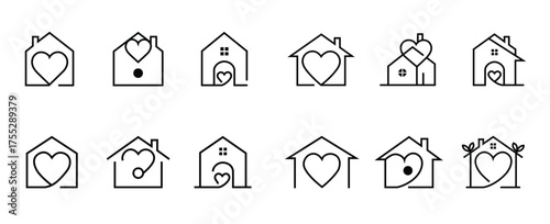 Minimal line art of house with heart symbol collection for love care family home concept perfect for logo branding and social design