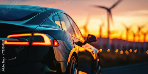 A sleek black Tesla Model S electric car parked in front of a wind farm at sunset, with the sun setting behind the turbines and the sky painted with warm hues of orange and pink.