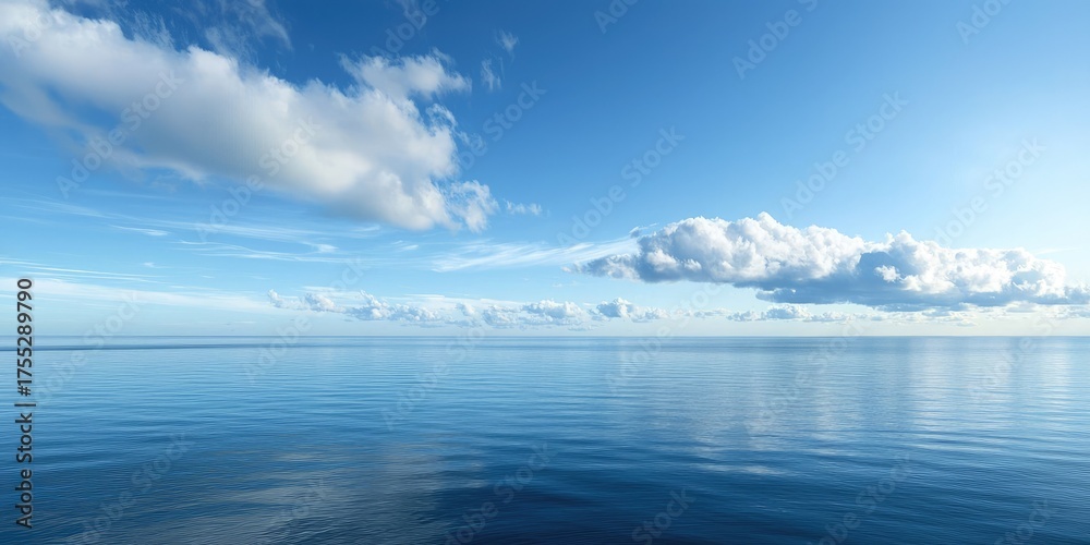 Fototapeta premium A vast, calm ocean with a few scattered clouds in a bright blue sky, reflecting on the water's surface.