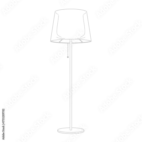 Vector art of simple line drawing of a modern floor lamp with a conical shade and a pull chain, minimalist interior design element