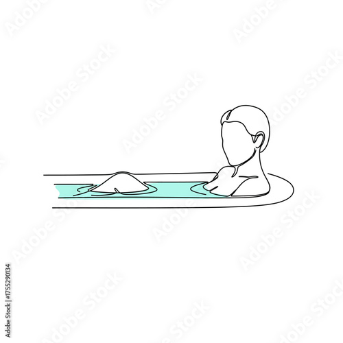 Vector art of a simple line drawing of a person bathing in a bathtub, with a small mound of water in the foreground, suggesting relaxation and selfcare