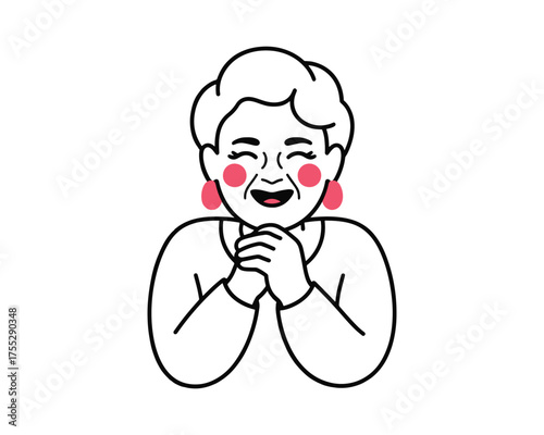 Delighted mature woman illustration with hands clasped and beaming smile