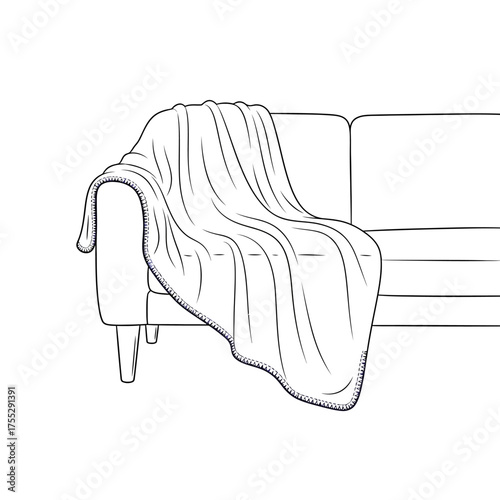 Vector art of a cozy blanket draped over the arm of a sofa, suggesting comfort, warmth, relaxation, and home decor