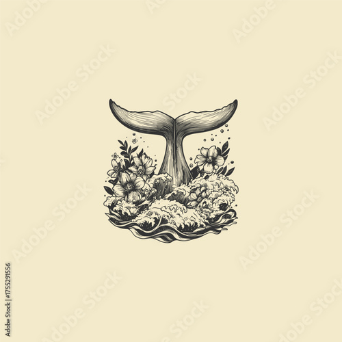 Intricate vintage illustration of a whale or mermaid tail fluke splashing into ocean waves, surrounded by detailed botanical flowers and greenery