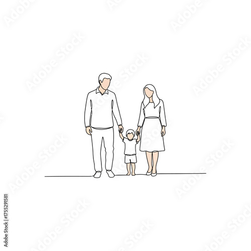 Vector art of a happy family of three, a father, mother, and young child, holding hands and standing together