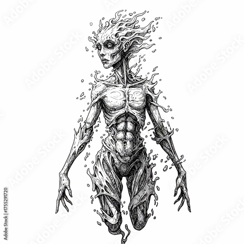 Vector art of a skeletal, ethereal being composed of swirling energy and bonelike structures, with a humanoid form