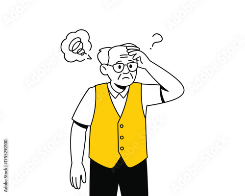 Confused senior man with thought cloud and question mark illustration