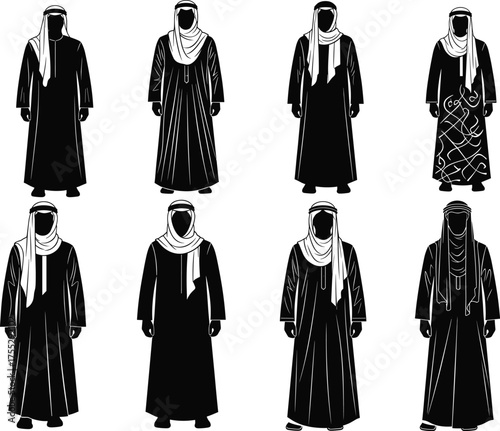 Middle Eastern traditional clothing, Arab men illustration, keffiyeh, thobe, cultural attire, black and white drawing, vector, isolated, heritage, fashion