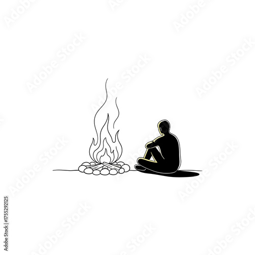 Vector art of a silhouette of a person sitting crosslegged by a campfire, with flames rising from the fire