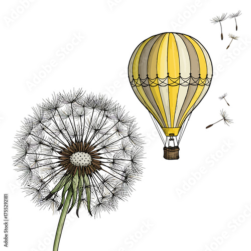 Vector art of a closeup of a dandelion seed head with a yellow and white striped hot air balloon floating in the background with seeds drifting away