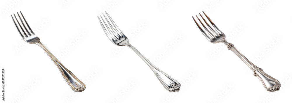 Fototapeta premium Elegant antique silver forks with intricate detailing, studio shot with dramatic lighting and minimalist composition, ideal for culinary, hospitality, and vintage design projects, PNG set with tran...