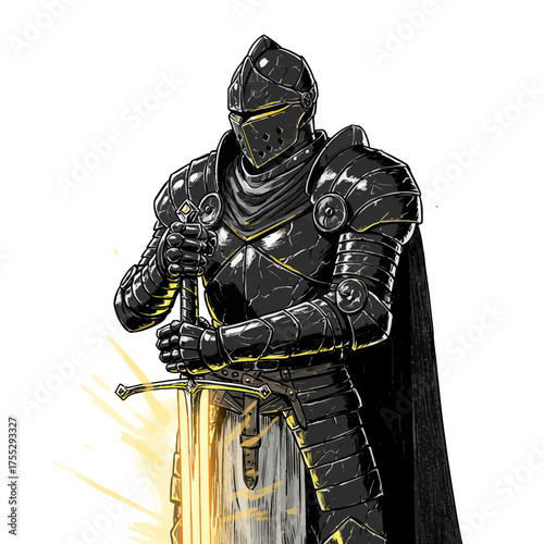 Vector art of a formidable knight in full, dark, gleaming armor, holding a sword with a radiant glow emanating from its blade, standing stoically against a stark, embodying strength and valor