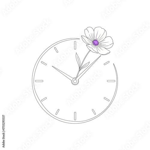 Vector art of a delicate line drawing of a clock with a single flower blooming from its center, symbolizing the passage of time and the beauty of nature