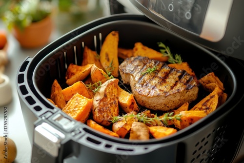 Air Fryer with Tofu Steak and Sweet Potato Wedges