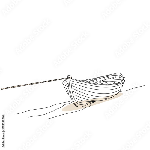 Vector art of a handdrawn sketch of a small wooden rowboat resting on a sandy shore, with a rope extending from its bow