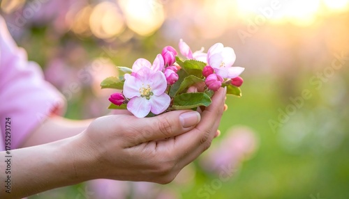 Person's cupped hands gently cradle delicate pink and white blossoms during a golden hour