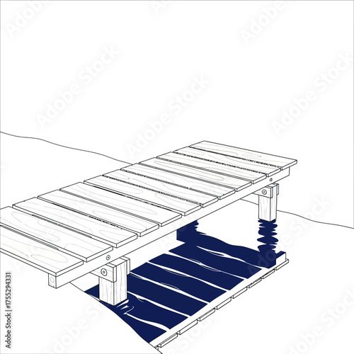 Vector art of a simple line drawing of a wooden pier extending over water, casting a shadow on the surface