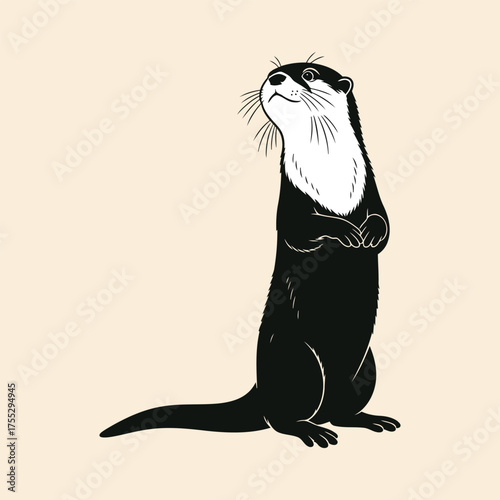 Whimsical illustration of a cute otter standing upright with its head tilted back and looking upwards