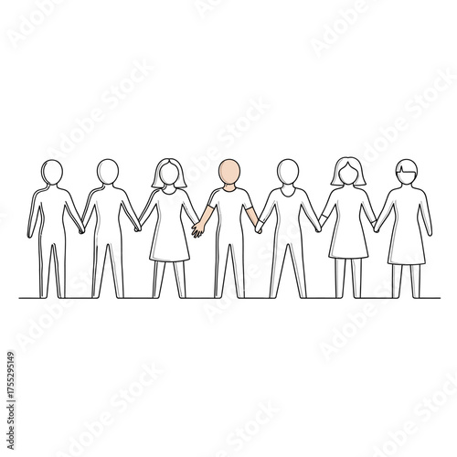 Vector art of a line of diverse stick figures holding hands, with one figure highlighted in a different color, symbolizing unity, individuality, and inclusion