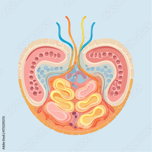 Cross-section illustration of a glomerulus, a key component of the nephron in the kidney, showing capillaries and surrounding structures.