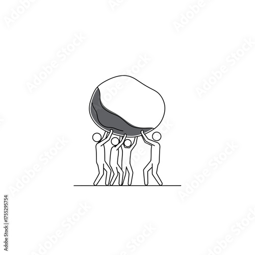 Vector art of a group of stick figures working together to lift a large, heavy boulder above their heads, symbolizing teamwork and effort